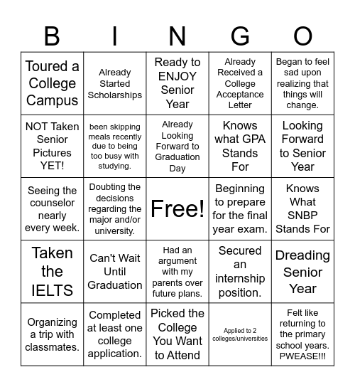 Senior Year Bingo Card