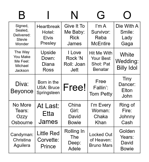 Singers Bingo Card