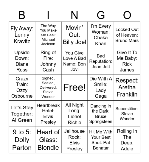 Singers Bingo Card