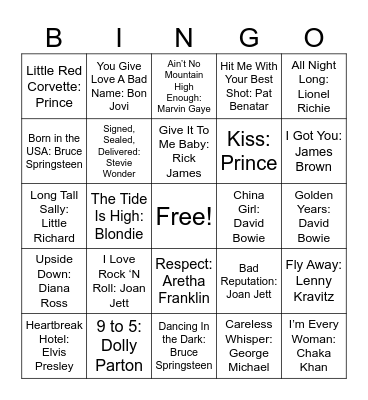 Singers Bingo Card