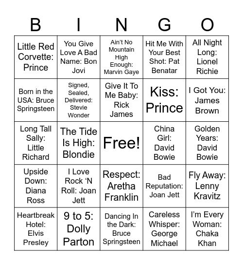 Singers Bingo Card