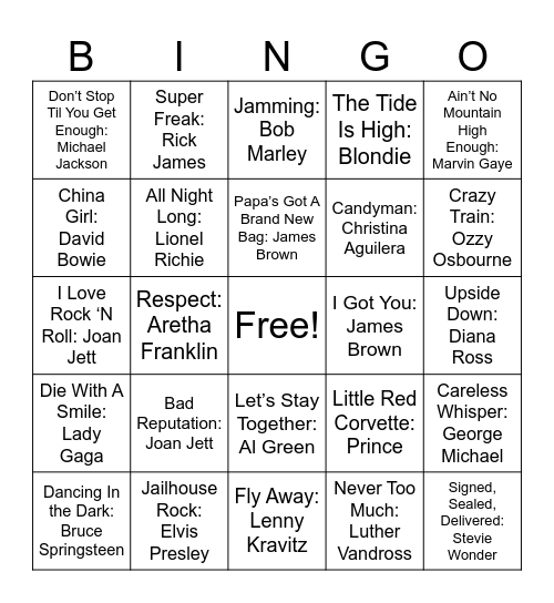 Singers Bingo Card