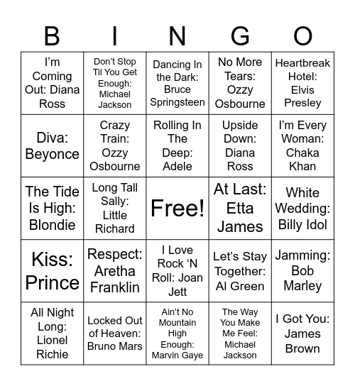 Singers Bingo Card