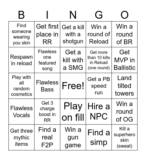 Fortnite Bingo Card