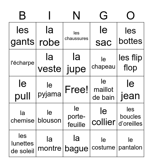 les vêtements et accessoires Bingo Card