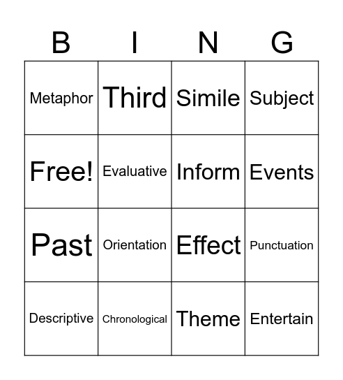 Text structures and Language Features Bingo Card