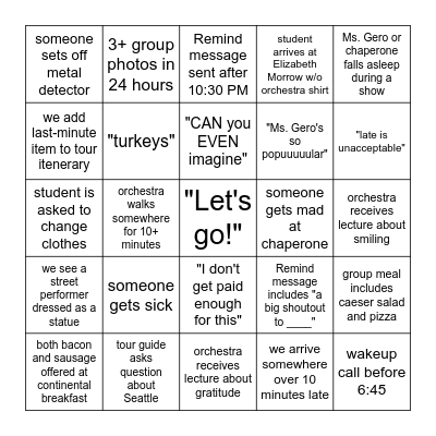 Orchestra Trip Bingo Card