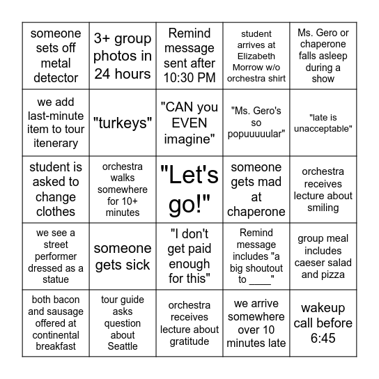 Orchestra Trip Bingo Card