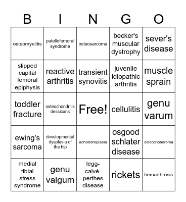 PEDIATRIC MSK BINGO Card