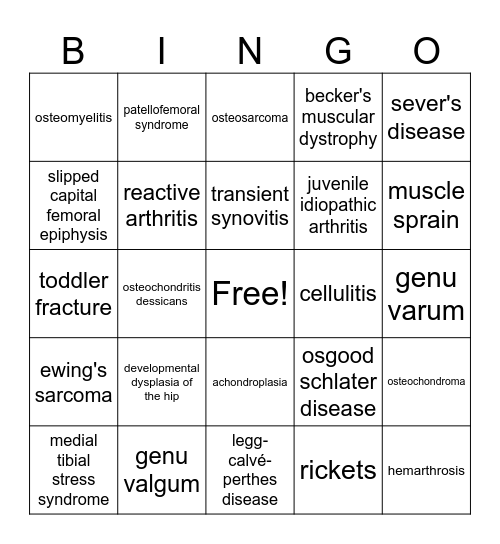 PEDIATRIC MSK BINGO Card