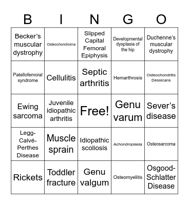 PEDIATRIC MSK BINGO v2 Bingo Card