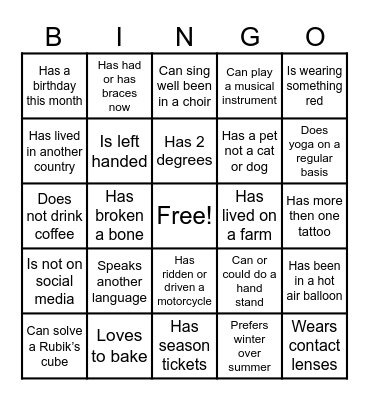 Get to know you Bingo Card