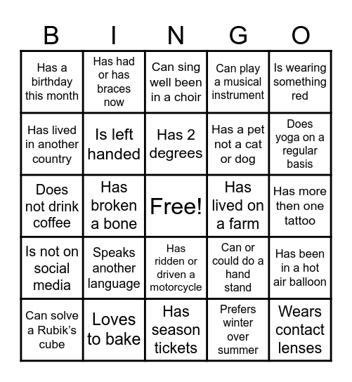 Get to know you Bingo Card