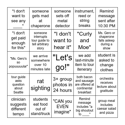 Orchestra Trip Bingo Card