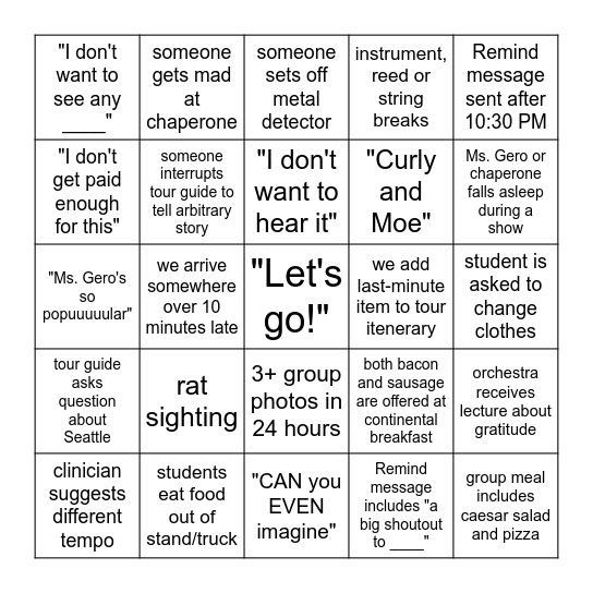 Orchestra Trip Bingo Card