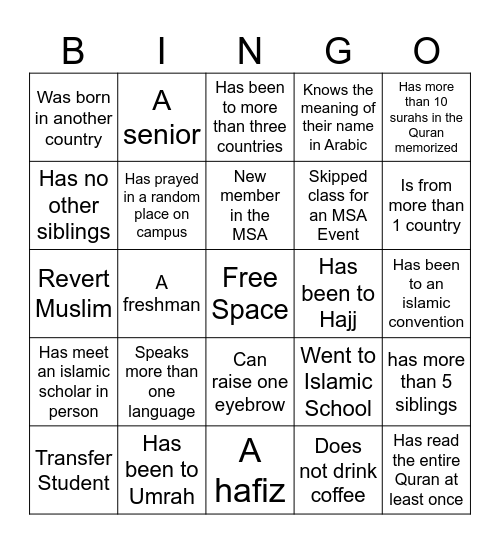 John Jay MSA Bingo Board Bingo Card