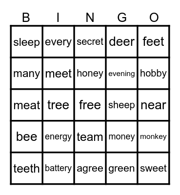 Long e sound Bingo Card
