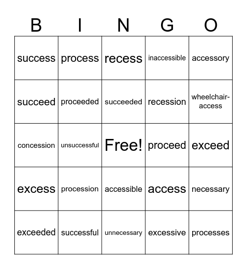 cess ceed words Bingo Card