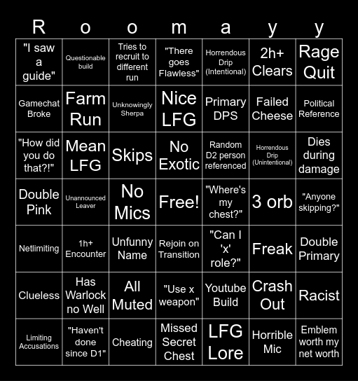 Ruomei LFG Bingo Card