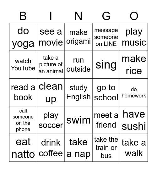 Past Tense Bingo Card