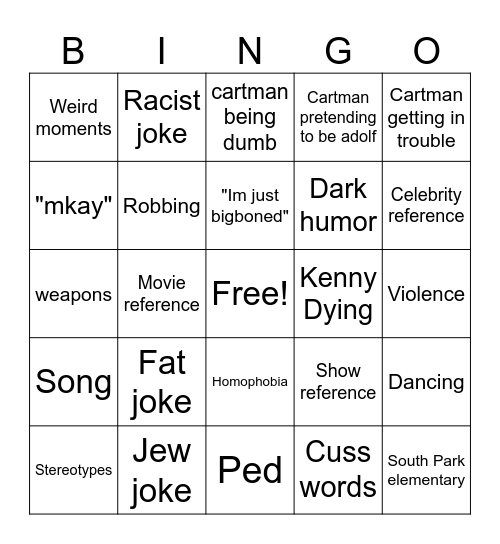 South Park Bingo Card