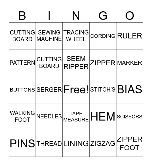 SEWING TOOLS & TERMS Bingo Card