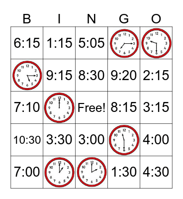 Telling Time Bingo Card
