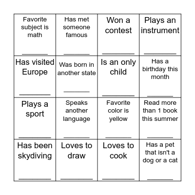 Human Scavenger Hunt Bingo Card