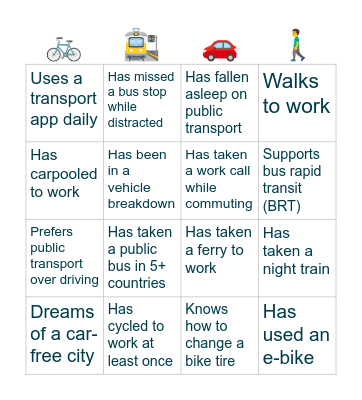 Human Bingo – Work & Transport Edition Bingo Card