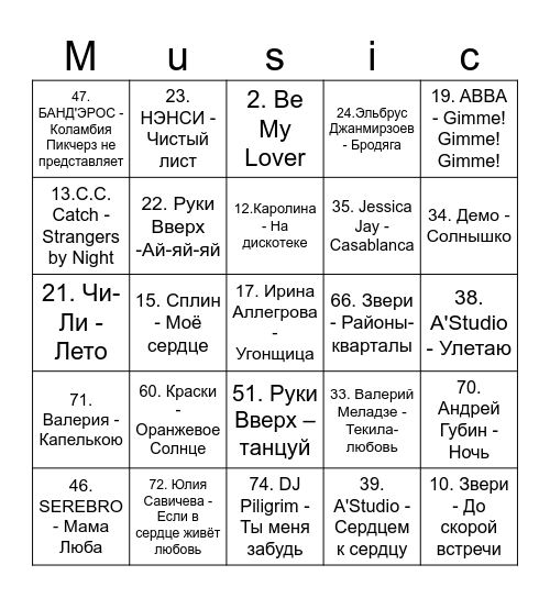 Music loto Bingo Card