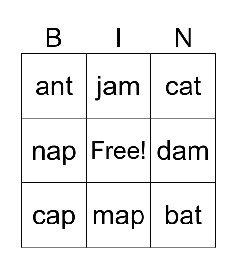 CVC words Bingo Card