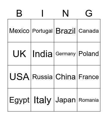 Country Bingo Card