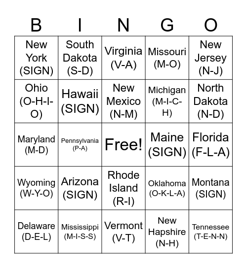 ASL STATES Bingo Card