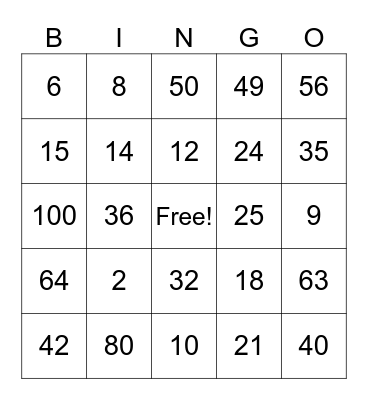 Multiplication Bingo Card