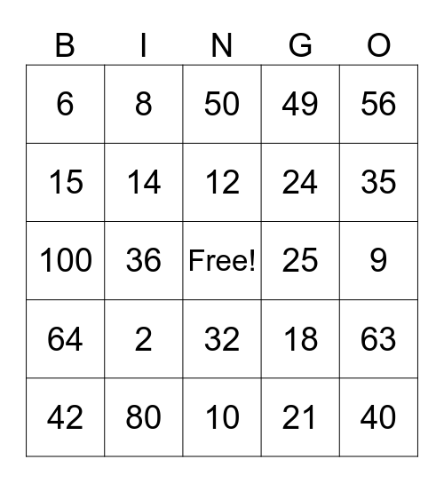 Multiplication Bingo Card