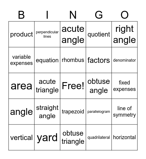 Math Review Bingo Card