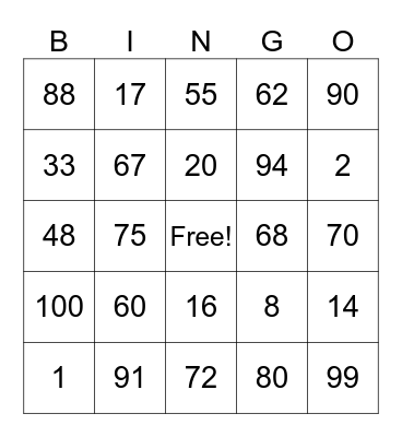 French numbers 60-100 Bingo Card