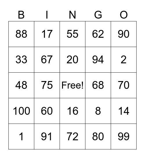 French numbers 60-100 Bingo Card