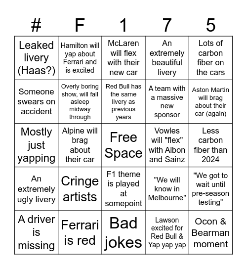 F175 Car Launch Bingo Card
