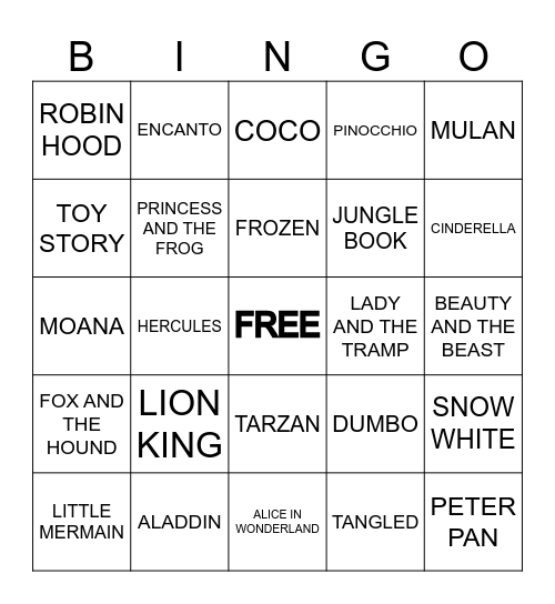 DISNEY HITS Bingo Card