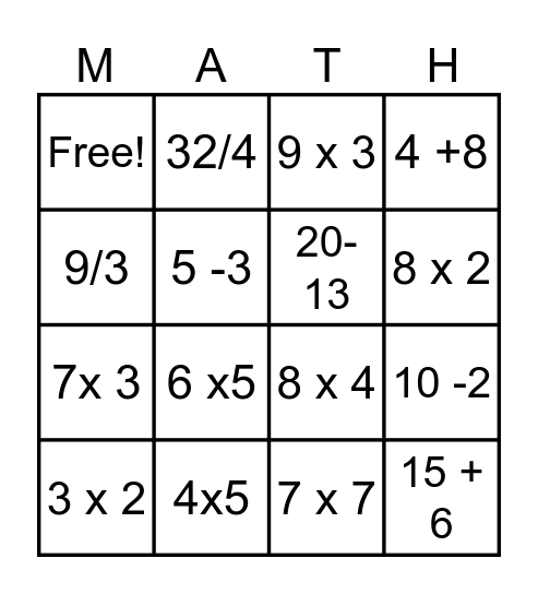MATH Bingo Card