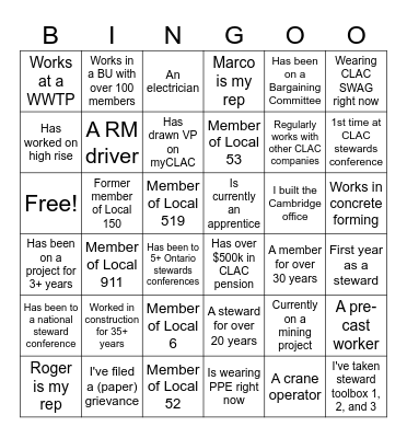Construction Stewards Bingo Card