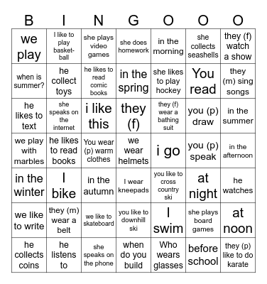 Oui j'aime ca pg 6-7 12-13 hobbies Bingo Card