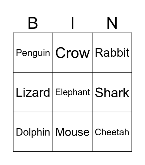 Animals Bingo Card