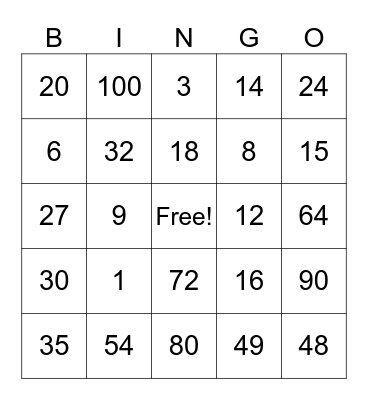 Multiplication Bingo Card