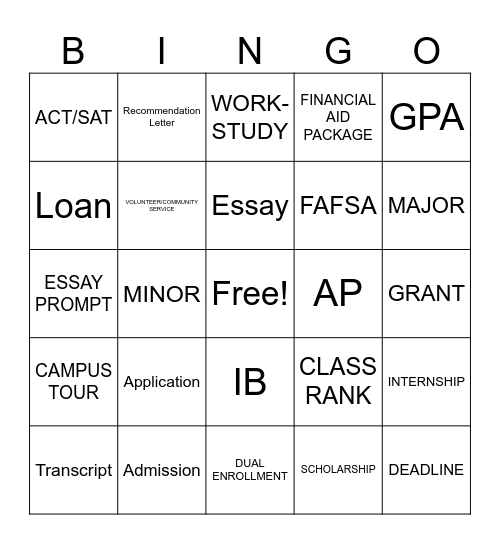 COLLEGE PREP1 Bingo Card