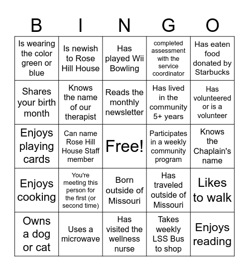 Rose Hill House Meet & Greet Bingo Card