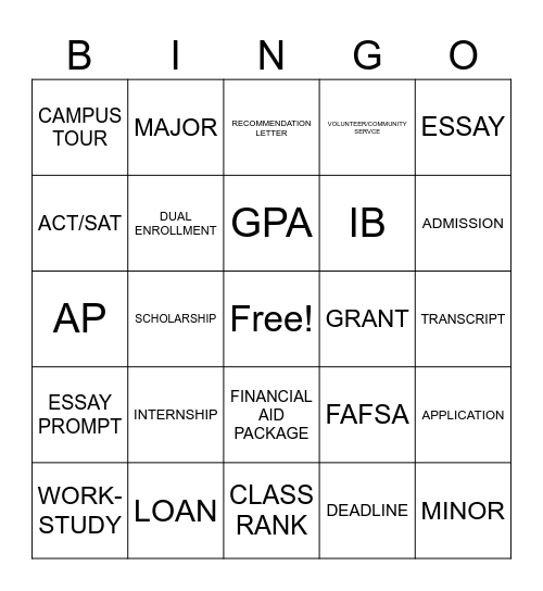 COLLEGE PREP 1 Bingo Card