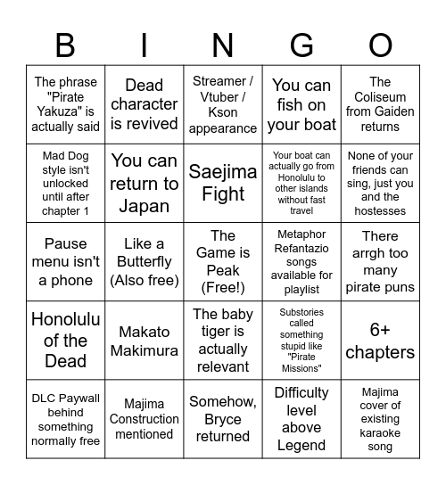 Pirates in Hawaii Bingo Card