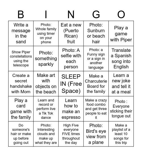 (EVIE) Puerto Rico BINGO Activities Bingo Card